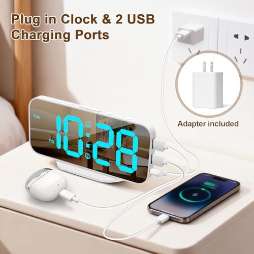 ALANAS Slim Digital Alarm Clock, Big Mirror Display with Dual USB Charger Ports, Dual Alarms, Snooze, 4-Level Adjustable Dimmer, for Bedroom, Office, Desk, Dorm, College Students, Home (Blue)