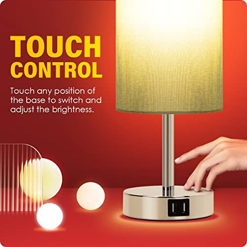 Yarra-Decor Bedside Lamp with USB Port - Touch Control Table Lamp for Bedroom 3 Way Dimmable Nightstand Lamp with Round Denim Fabric Shade for Living Room, Dorm, Home Office (LED Bulb Included)