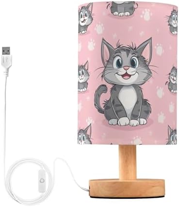 Cute Cat on Pink Table Lamp with Wood Base Fabric Lamp Shade Bedside Nightstand Desk Lamp for Living Room Bedroom Kids Room Office