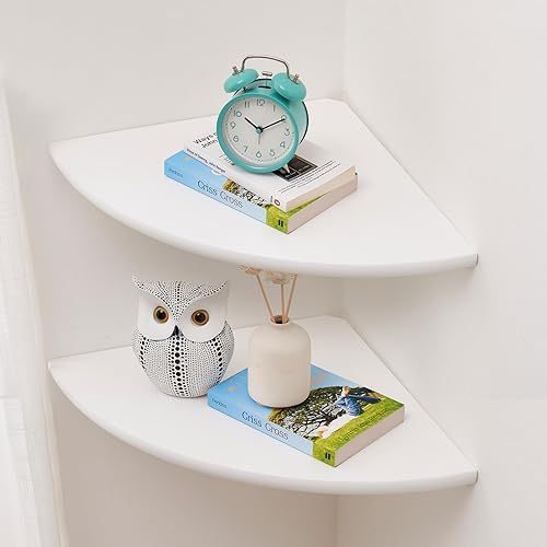 Corner Wall Shelves, White Floating Corner Shelf, Set of 2 16inch Solid Oak Wood Shelves, Round End Wall Mount Display Shelf with Wire Hole for Small Plant for Bedroom Kitchen, Living Room