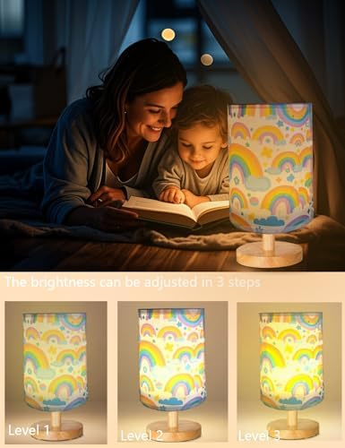 Rainbow Lamp, Girls Lamps for Bedroom, 3 Level Dimmable Wood Nightstand Desk Base Flaxen Fabric Shade for Bedroom Living Room, Rainbow Night Light Gifts for Girls