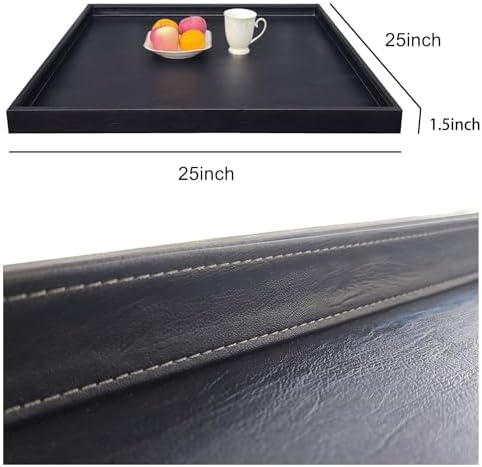 25x25 Inch Square Ottoman Tray - Faux Leather Large Serving Tray for Couch/Coffee Table, Family Dinner, Picnic, Party Decor （25 inch Black）