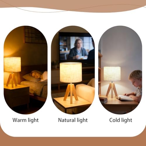 Tripod Table Lamp, Small Bedside Night Stand Lamp with 3 Colors, Decorative Lamp for Bedroom, Nursery, Living Room (Bulb Included) (Natural Wood)