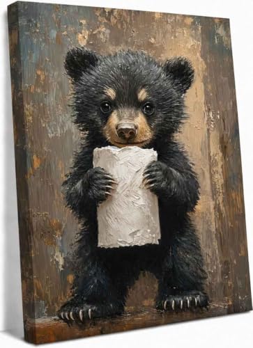 Funny Bathroom Bear Canvas Wall Art, Black Bear with Paper Poster Print Artwork, Humor Animal Painting Picture Wall Decor, for Kids Restroom, Cabin, Bathroom, Home Decoration, 12x16In