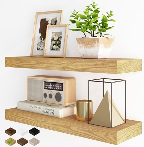 Fun Memories Floating Shelves for Wall, 24Inch Floating Shelves Set of 2, Hanging Shelf with Invisible Brackets, Wood Shelves for Living Room, Bedroom, Kitchen, Oak