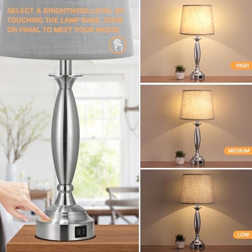 Bedroom Lamps for Nightstand, 3 Way Dimmable Silver Bedside Lamps with USB