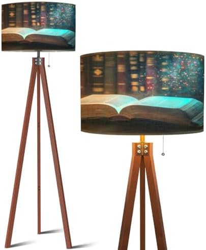 Wood Tripod Floor Lamp Open Antique Book Wooden Table Glitter Overlay Modern Standing Lamp Linen Lampshade Dimmable Tall Lamp Mid Century Floor Lamp for Living Room Bedroom
