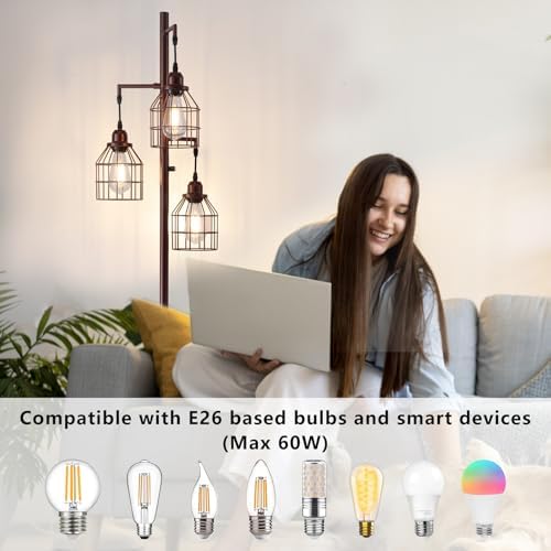 9MMML Floor Lamp for Living Room, Farmhouse Industrial Dimmable Floor lamp, 3 Lights Metal Cage Tree Standing Lamp,68", 3Pcs LED Bulbs Included