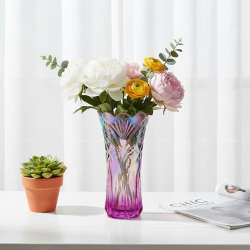 Dicunoy Set of 2 Glass Colorful Flower Vase, 9" Large Colored Crystal Flower Vase for Centerpieces, Heavy Duty Tall Flared Vase with Base for Dining Table, Living Room, Bouquet, Home, Wedding, Office