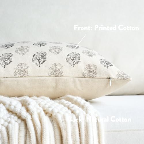 FIOUOVO Floral Vintage Throw Pillow Covers 18x18 Pillow Cover Block Print Decorative Cushion Covers Farmhouse Neutral Accent Home Décor for Sofa Couch Living Room Bedroom, 1PC, Light Taupe