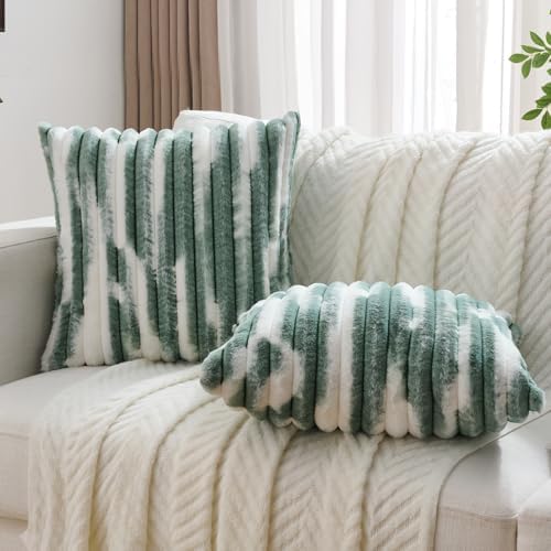 FUTEI Pack of 2 Faux Fur Throw Pillow Covers 16x16 Inch, Dark Green White