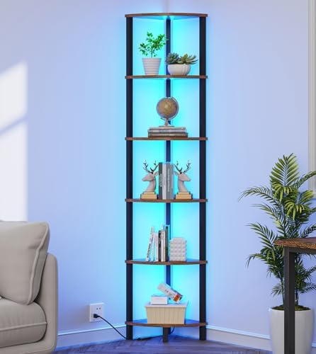 VIMBER 6-Tier Corner Shelf with LED Light, Industrial Corner Ladder Shelf, Rustic Display Shelf for Living Room, Bedroom, Kitchen, Home Office, Sturdy Frame, Rustic Brown and Black UJSJ002F