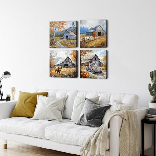 Colorful Wildflower Wall Art Farmhouse Barn Pictures Wall Decor Autumn Forest Painting Rustic Windmill Truck Horse Canvas Prints Country Artwork for Bedroom Living Room Home Decoration 20x20" 4Pcs