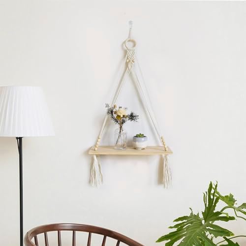LB Macrame Wall Hanging Shelf, Boho Macrame Wall Decor for Bedroom Living Room Nursery Bathroom, Bohemian Wooden Display Floating Shelves for Wall Decor with Handmade Woven Rope for Plant, 30"L x 16"W