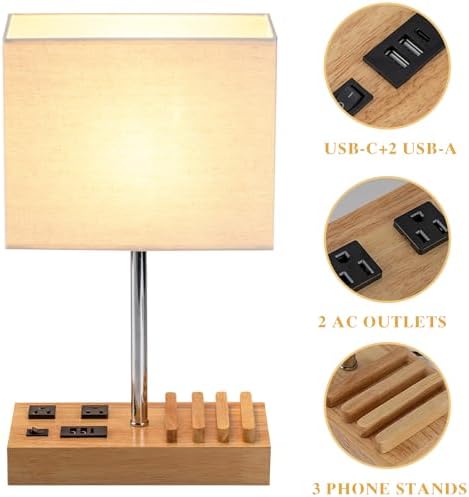 Briever USB Table Lamp, Multi-Functional Desk Lamp with 2 AC Outlets, Bedside Lamp with 3 USB Charging Ports and Wooden Phone Stands, Nightstand Lamp for Bedroom, Livingroom, Office, Natural Wood