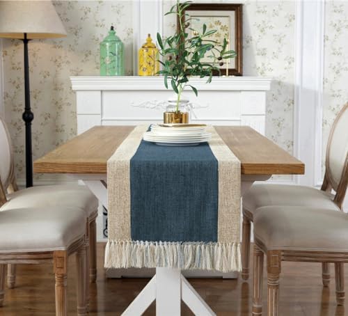 Rustic Table Runner with Fringe 15 x 108 Inches Long Blue