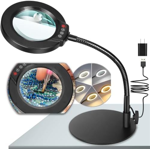 30X 10X Magnifying Glass with Light and Stand, 5 Color Modes Stepless Dimmable LED Lighted Desk Lamp, Hands Free Magnifier with Flexible Goose-Neck for Craft Hobby Painting Sewing Close Work - Black