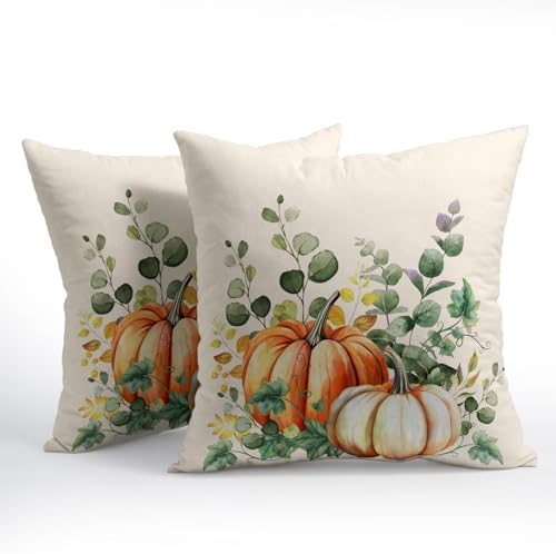 Fall Throw Pillow Cover 16x16 Inch Pack of 2 Autumn Watercolor Pumpkin Sage Green Leaf Outdoor Pillow Protector Thanksgiving Sofa Cotton Linen Square Pillow Set Farmhouse Pillowcases for Home Bed