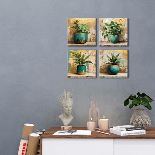 AIYISU Green Botanical Wall Art Green and Gold Bathroom Wall Decor Farmhouse Succulent Plant Pictures Vintage Rustic Tropical Canvas Prints Artwork for Living room Office Home Decorations 12x12 4Pcs
