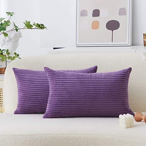 Home Brilliant Purple Throw Pillow Covers 12x20 Set of 2 Striped Velvet Corduroy Oblong Pillow Accent Lumbar Pillow Cover for Car Office Living Room, 12 x 20 inch, Eggplant