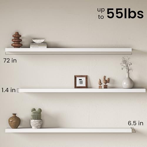 72 Inch Floating Shelves for Wall, Rustic Wood Wall Mounted Deep Storage Shelves with Invisible Brackets, Panoramic Decorative Display Ledge for Living Room Bedroom and Kitchen, Set of 2, White