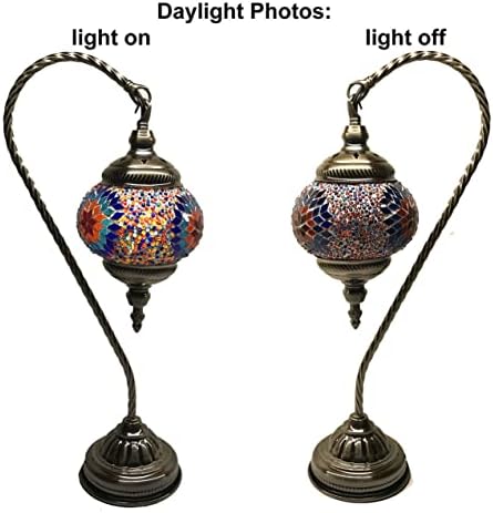 SILVERFEVER Handcrafted Mosaic Turkish Lamp Moroccan Glass Table Desk Bedside Light Bronze Base with E12 Bulb (Red Yellow Starburst Latter)