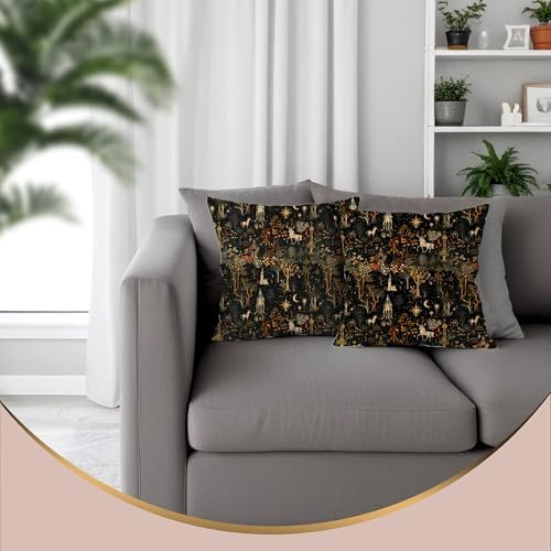 Medieval Dark Gothic Forest Pillow Covers 18x18 Double-Sided Set of 2, Cottagecore Room Home Decor,Boho Witchy Celestial Whimsical Forest Horse Castle Botanical Decorative Throw Pillow Covers