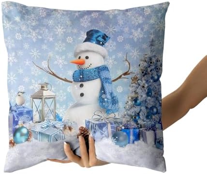 Giwawa Winter Blue Snowman Pillow Covers Set of 2, Xmas Tree Bird Present Snowflakes Decorative Square Pillow Cases, 16"x16" Soft Cotton Throw Cushion Covers for Sofa Porch Living Room
