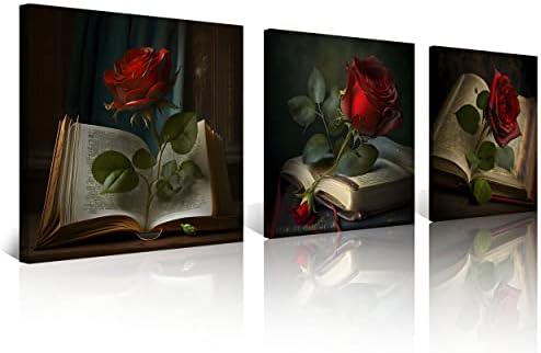 NAN Wind 3PCS Vintage Romantic Rose Canvas Wall Art Red Flower on Open Book Dark Gothic Aesthetic Literary Themed Antique Style Floral Home Decor for Bedroom Living Room Library Wall Decoration