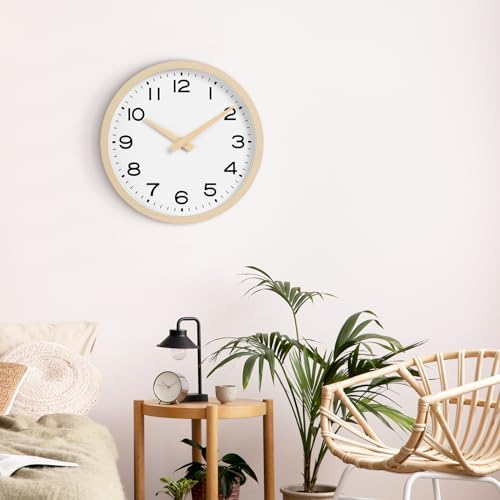AKCISOT 14 Inch Wall Clock, Silent Battery Operated Analog Clock, Natural | Classroom | Office | Kitchen | Living Room | Garage | Shop | Large Size | Easy-to-read numbers