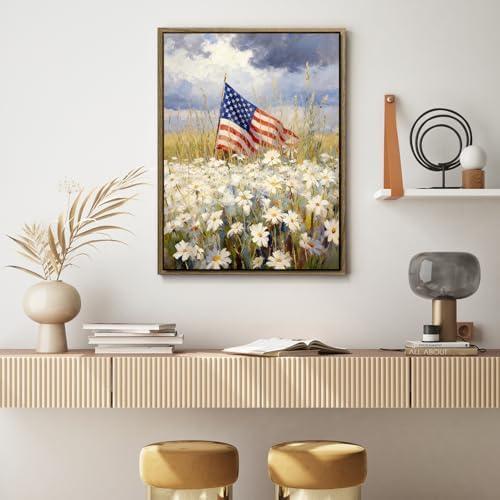 American Flag Framed Canvas Wall Art, 4th of July Patriotic Canvas Prints | Wildflower Landscape Poster Print, Vintage Rustic Independence Day Wall Decor for Bedroom Living Room Office 24×32in