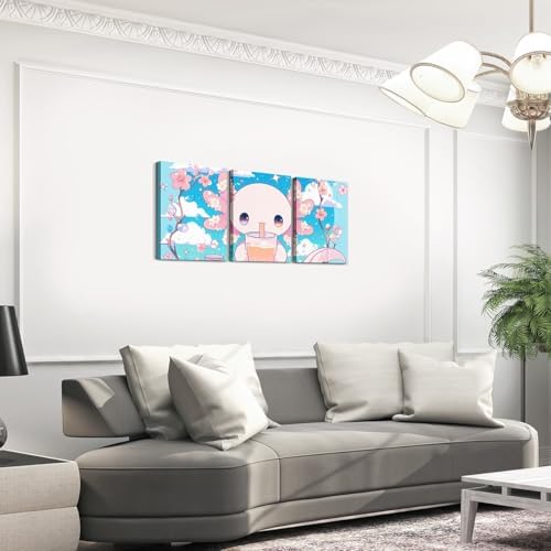Feelyou Axolotl 3 Piece Canvas Wall Art for Living Room Bedroom Cute Axolotl Cherry Wall Art for Home Decor Eat Dessert Office Wall Decor Milk Tea Wall Painting