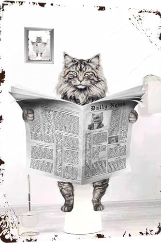 Metal Tin Sign Vintage Cat Toilet Reading Newspaper Humour Funny Animal Whimsy Animal for Home, Bathroom and Toilet Wall Decor 12x8 Inch(822)