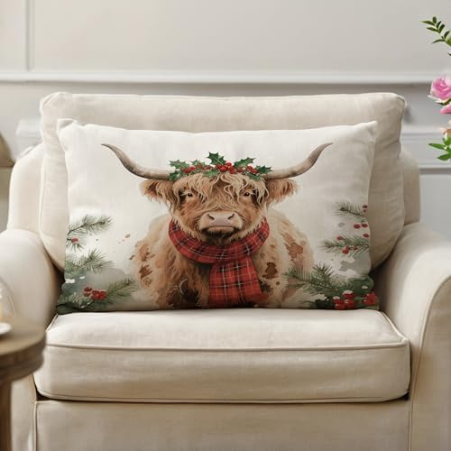 Highland Cow Decorative Throw Pillow Covers with Red Scarf Holly Berries 12x20 Inch Farmhouse Rustic Cushion Cover Winter Holiday Cows Lumbar Pillowcase 2Pack for Couch Sofa(Red)