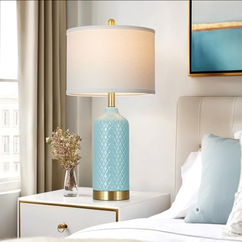 26“ Aqua Blue Ceramic Table Lamps Set of 2, Coastal Ceramic Lamps for Bedroom, Modern Bedside Lamp for Living Room, Elegant Farmhouse Nightstand Lamp for Desk Side End Table Home Decor