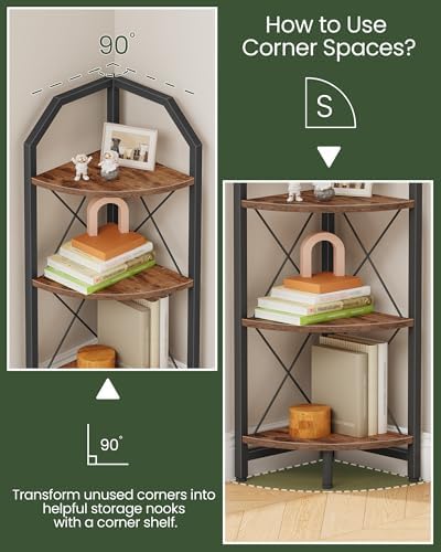 CHOEZON 3-Tier Corner Shelf, Industrial Corner Bookshelf, 35.4" Storage Stand, Plant Stand Display Shelf, Bookcase for Bedroom, Living Room, Home Office, Rustic Brown and Black TCJ03BF
