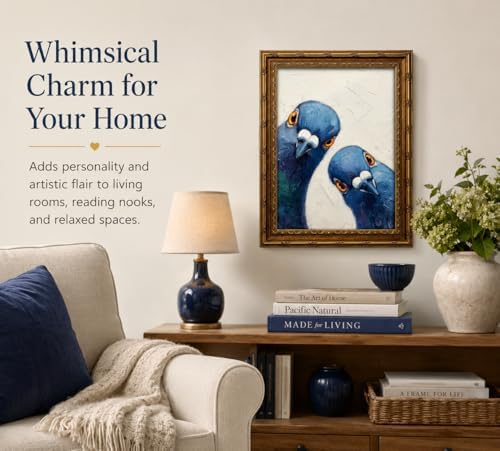 CXKAWM Vintage Gold Framed Whimsical Pigeon Canvas Wall Art 12x16in | Funny Blue Bird Wall Decor Picture Modern Animal Poster Print for Living Room Dining Room Home Decoration