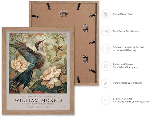 Poster Master William Morris Poster - Hummingbird Print - Bird Art - Botanical Art - Flower Design - Exhibition Artwork - Animal Illustration - Floral Illustration - Aesthetic Office or Bedroom Decor - 11x14 Beige Framed