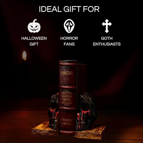 Skull Book Ends Gothic, Lifesize Human, Heavy-Duty Bookends, Skeleton Decorations, Bookends for Shelves, Heavy Books, Black Skull Design Bookend 7x5.1x6.3, Spooky Decor, Holiday - Bloody Black & Red