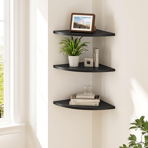 Venusmiles Corner Shelf Wall Mount, Engineered Wood Floating Corner Shelves with Cable Hole, Wall Mounted Storage Display for Bathroom, Bedroom, Living Room, Kitchen (12 Inch, Black, 3 Pack)