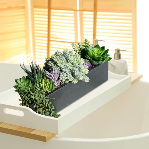 Winlyn 14" Artificial Succulent Plants Arrangement Assorted Faux Succulents in Rustic Black Rectangular Wooden Planter Box Faux Potted Plant Decor for Farmhouse Home Windowsill Shelf Table Centerpiece