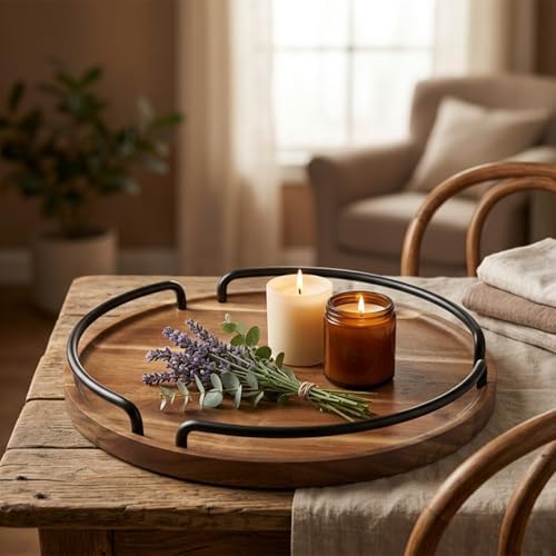 Round Wooden Serving Tray - Rustic Style Decorative Tray for Coffee Table, Living Room, Vanity - Acacia Wood Tray with Handles - Housewarming Gift - 12 Inches (Diameter)
