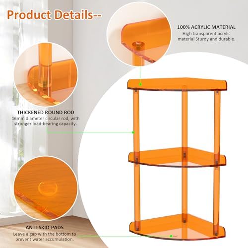 Sezanrpt 3 Tier Countertop Corner Organizer Shelf 7x7x15.7 Inch, Orange Countertop Acrylic Bathroom Corner Shelf, Vanity Storage Organizer for Cosmetics, Toiletries