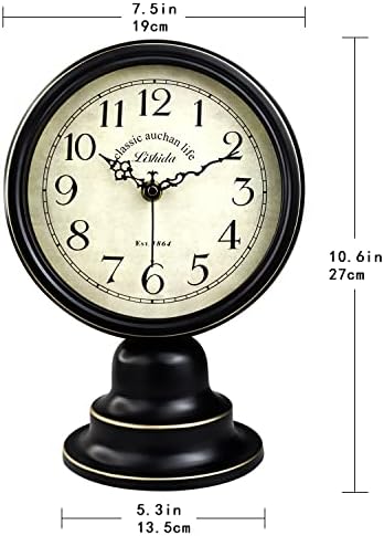 Mid Century Modern Desk Clock - Vintage Tabletop Metal Clock for Bedroom, Kitchen, Office, Living Room - Silent Decor - Battery Operated - Black