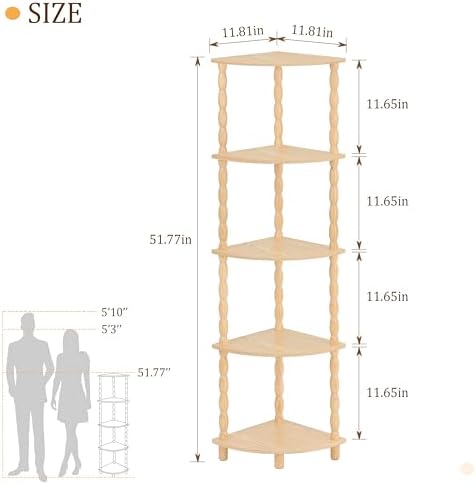MaxSmeo Corner Shelf, 5-Tier Corner Bookshelf for Small Spaces, Stylish Corner Storage Display Shelves for Bedroom, Bathroom, Kitchen, Living Room (Natural)