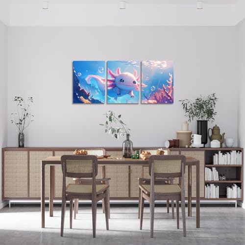 Feelyou Cute Axolotl Canvas Wall Art Kids Living Room Wall Decor for Bedroom Bathroom Ocean Sealife Paintings Modern 3 Piece Framed Canvas Art Prints Ready to Hang Cartoon Axolotl Pictures Home Decor