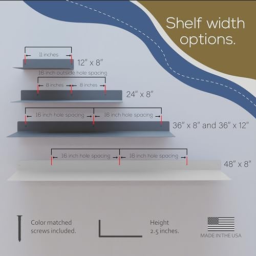 48x8 in Metal Floating Shelf White Wall Mounted - Made in The USA - Bedroom, Living Room, Bathroom, Kitchen