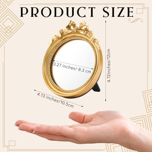 Threehoney 4 Pack Small Vintage Wall Mirror 4.1" Gold Bow Desk Mirror Decorative Round Makeup Mirrors with Resin Frame for Bedroom, Bathroom, Table Decoration