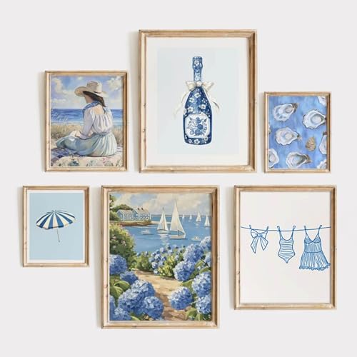 Coastal Cowgirl Wall Art Set of 6 Beach Canvas Wall Decor Blue Aesthetic Wall Art Preppy Coquette Poster Trendy Beachy Pictures Coastal Granddaughter Prints for Living Room Bedroom 8x10 Inch Unframed