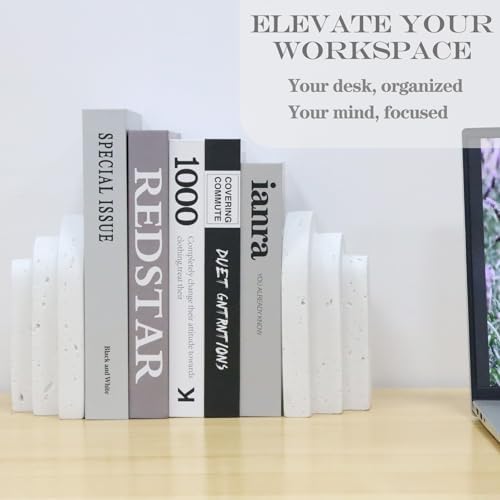 Decorative Book Ends for Shelves - Boho Aesthetic Bookends Decor - Heavy Duty Travertine Book Stopper Holder for Home Office Desk Coffee Table, Gifts for Book Lovers (White)